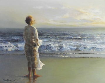 +Enrique Santana (Spain, b. 1947), “Levante??, 1992, oil on canvas, woman in white dress observes