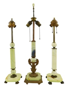 LIGHTING: Three uranium agate slag glass table lamps, early/mid 20th C., including pair with paw