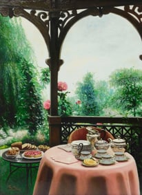 +S.H. Lee (Chinese, b. 1944) "Breakfast in Garden", oil on wood panel, an outdoor table is set with