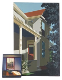 Two Carolyn Parker paintings, 20th C., the first titled "My House", 1982, acrylic on canvas, large