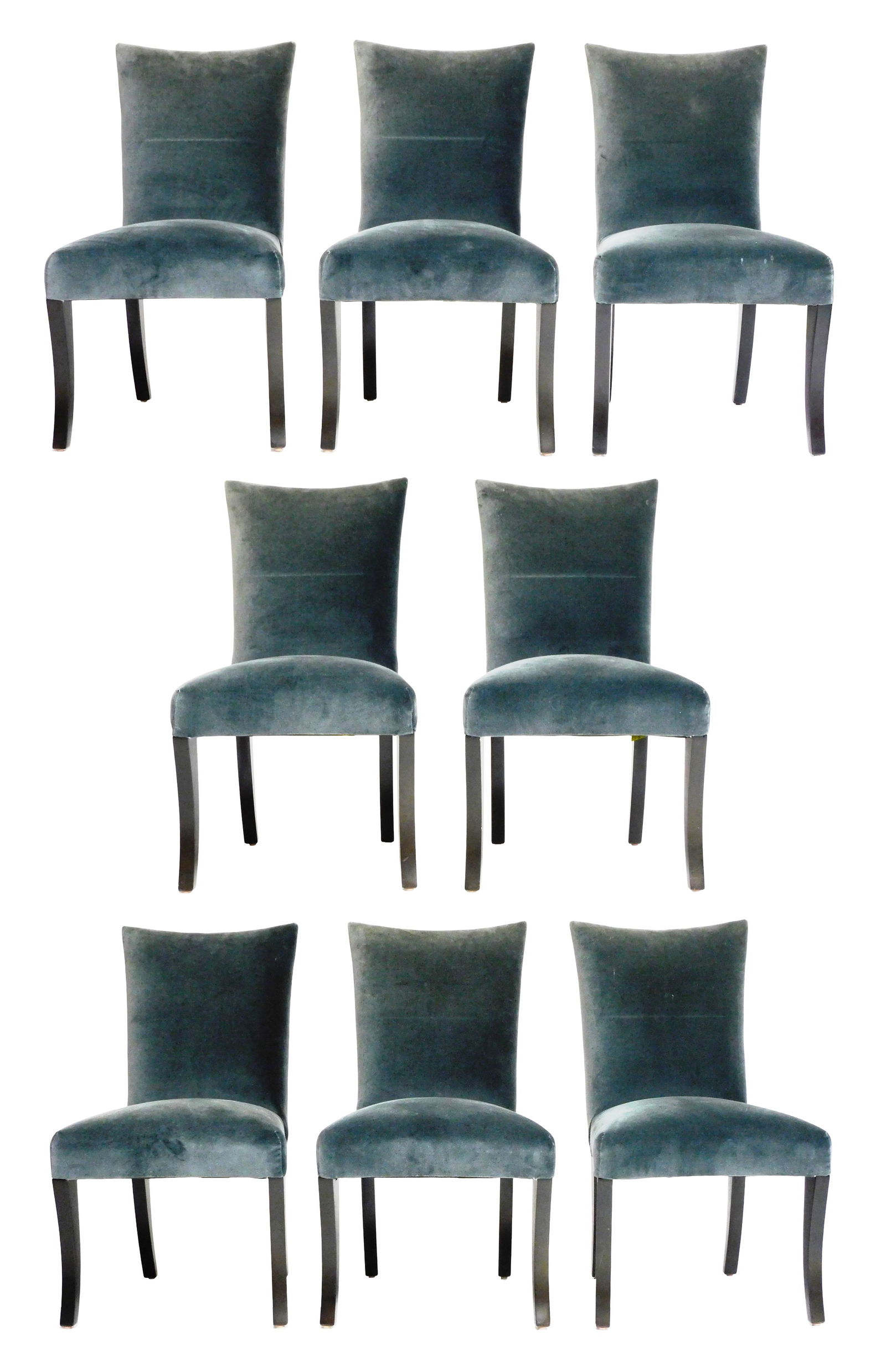 Contemporary "Phantom" dining chairs by John Hutton for Donghia, late 20th C., all side chairs,: Contemporary "Phantom" dining chairs by John Hutton for Donghia, late 20th C., all side chairs, upholstered in slate blue velvet upholstery, raised on four tapered square column legs with black finish