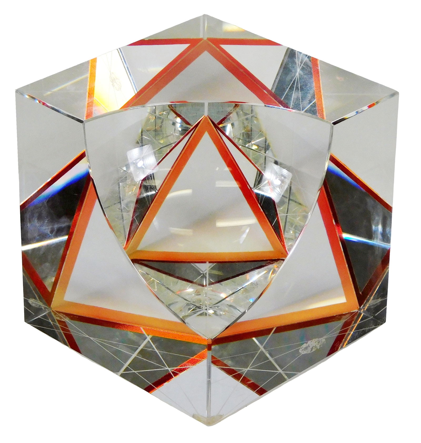 ART GLASS: Pavel Novak (Czech/American b.1974) optical glass cube sculpture, clear cut glass with (1 of 6)