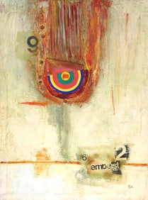 Abstract expressionist mixed media artwork, mid 20th century, signed "Rex" lower right, framed, wear