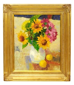 +John Swatsley (American, b. 1937) "Dahlias and Sunflowers" 2008, oil on canvas, still life of