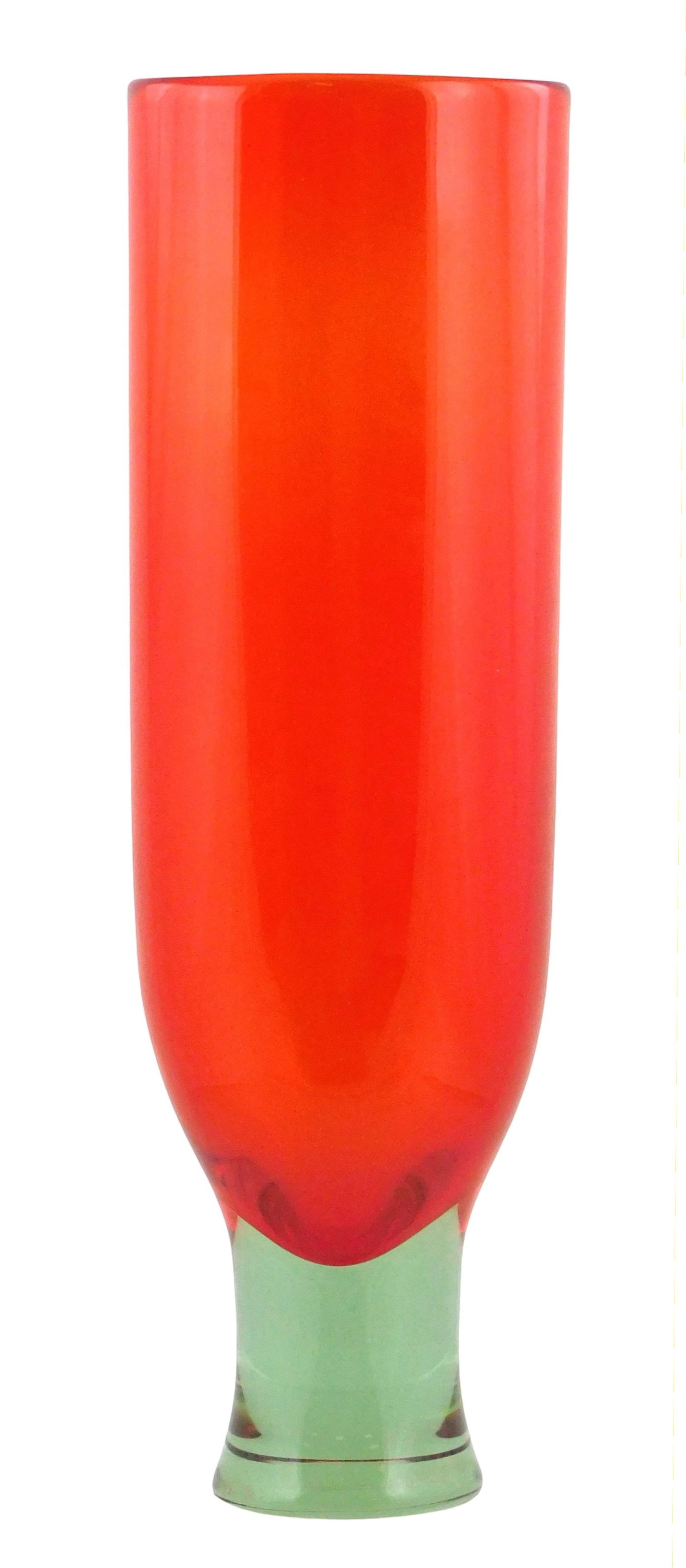ART GLASS: Gino Cenedese (Italian, 1907-1973), Contemporary Murano glass vase, tall bright red body: ART GLASS: Gino Cenedese (Italian, 1907-1973), Contemporary Murano glass vase, tall bright red body atop stocky solid clear with green tint foot, signed on underside, wear consistent with age, 15 &fra