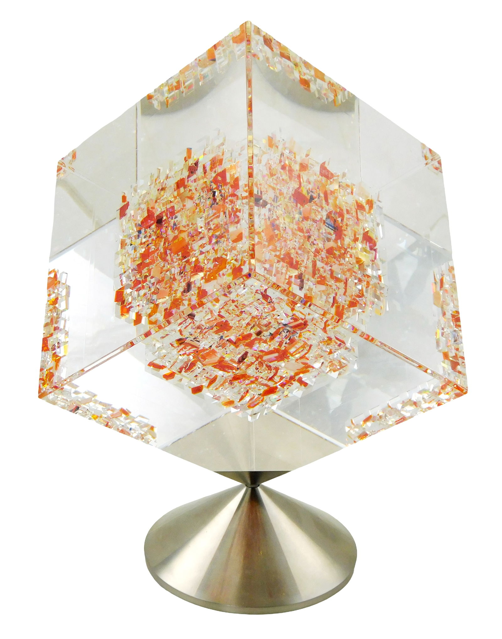 +ART GLASS: Jon Kuhn (American, b.1949) "Red Retreat", 2007, cube form on spinning base, cut and (1 of 7)