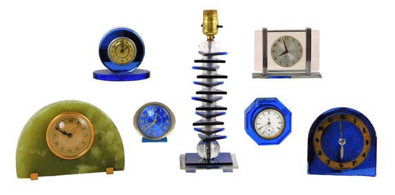 Mid Century clocks and table lamp, seven total, including: six clocks and one table lamp, clocks