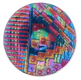 ART GLASS: Large geometric charger or centerpiece, red and blue dichroic glass, inscribed verso