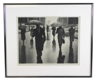 Art Werger (American, b. 1955), “Cloud Burst??, mezzotint, 1990-91, city street scene in rainy