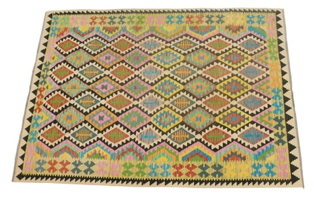 RUG: Turkish Kilim, 6' 10" x 9' 9", wool on wool, polychrome geometric design, wear consistent with