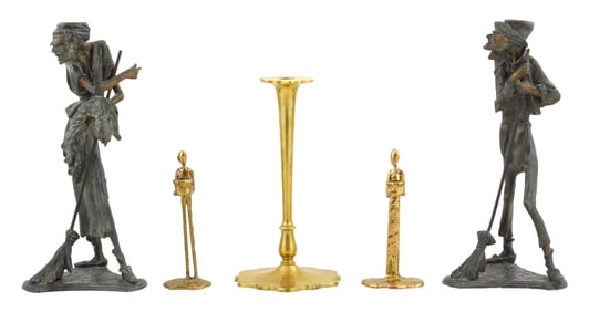 Five 20th C. metal candlesticks, one by Bradley and Hubbard and two figural pairs, details include: