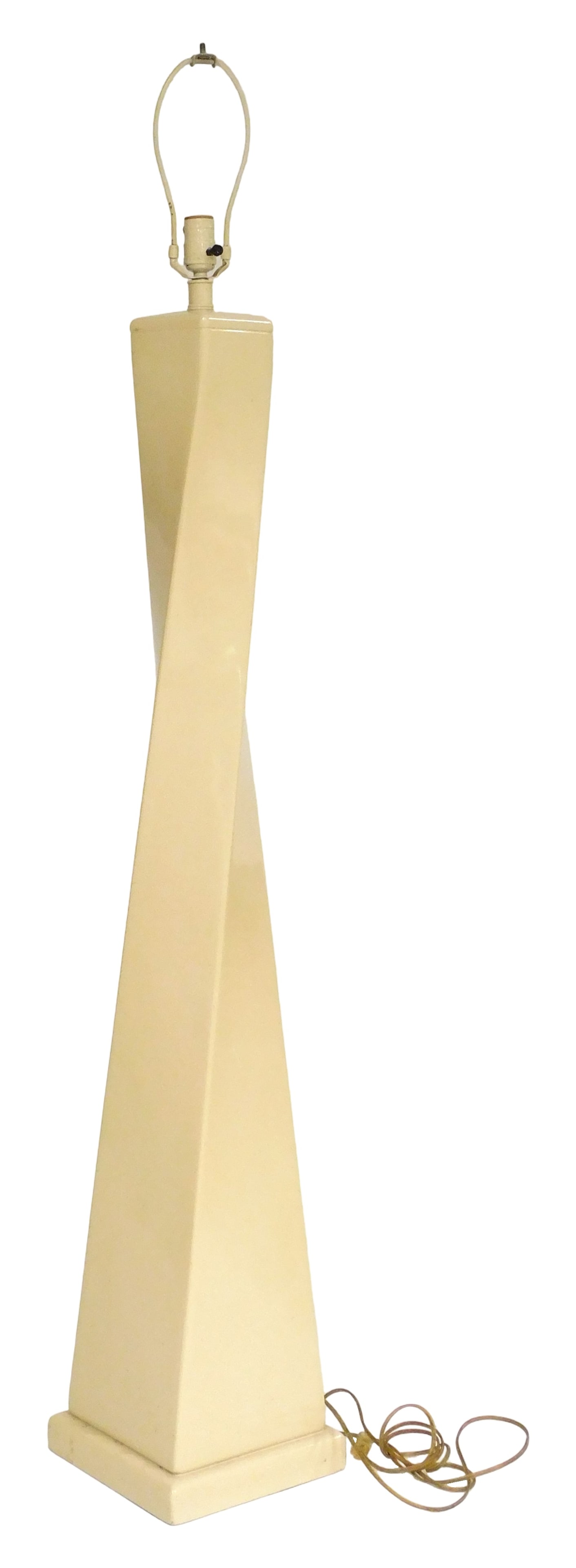 Contemporary tall table lamp turned walnut with black metal base, 37" h. to finial x 7" diam.;: Contemporary tall table lamp turned walnut with black metal base, 37" h. to finial x 7" diam.; Tyndale lamp, floor model with twist cream finish. 61" h. x 9 1/2" w.