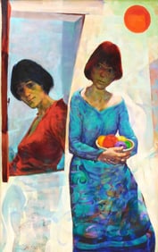 +Richard Areson Clark (American, 1922 - 2005), "Reflection", oil on canvas, a woman in red stands at