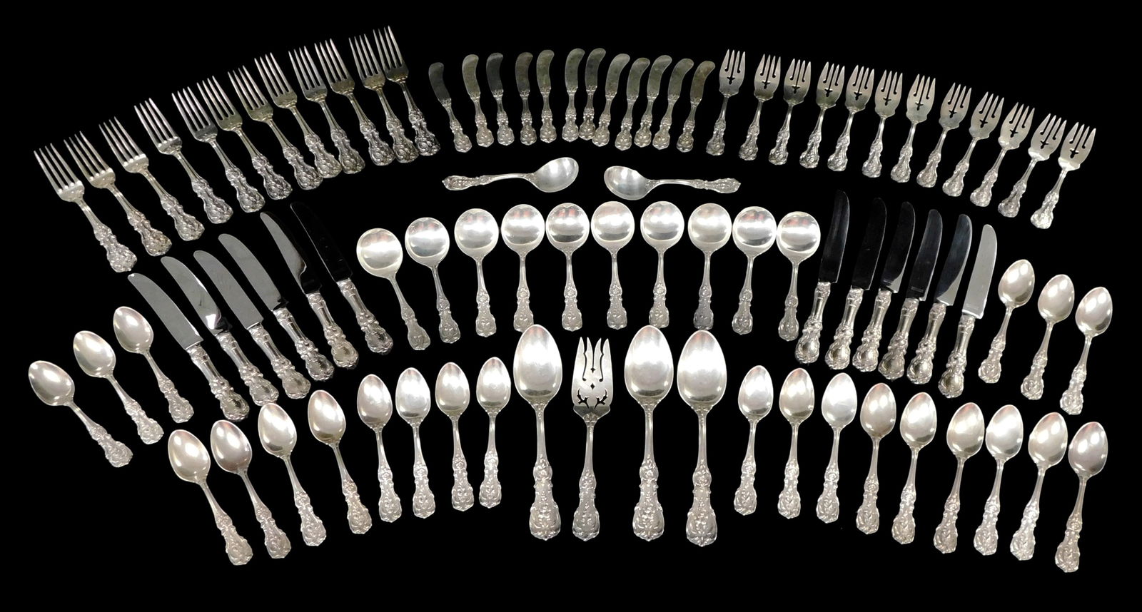 STERLING: Reed and Barton flatware, "Frances 1" pattern, service for twelve, details include twelve (1 of 3)