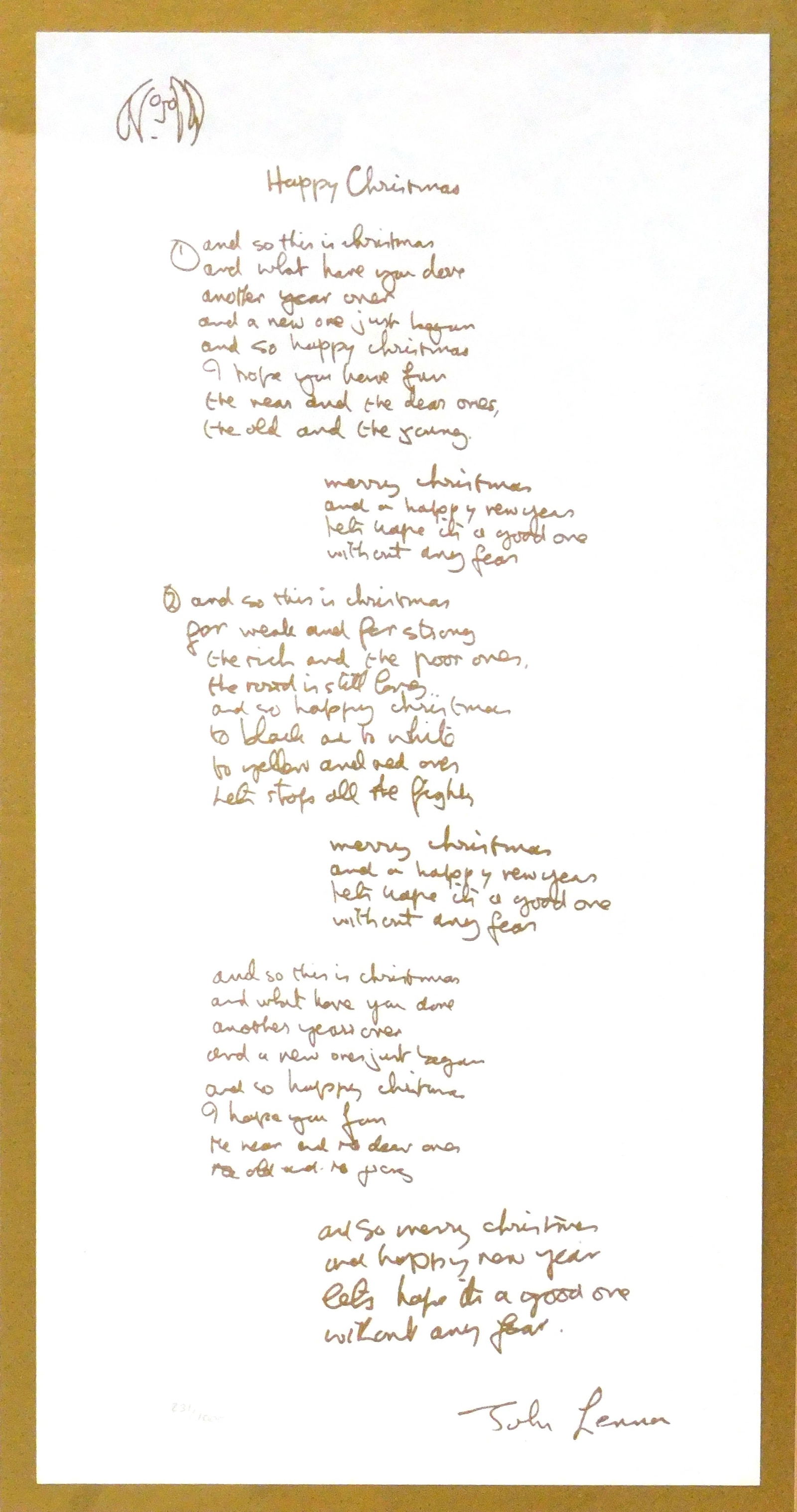 John Lennon lyrics "Happy Christmas", 2005, serigraph, published by Bag One Arts, limited edition of (1 of 4)