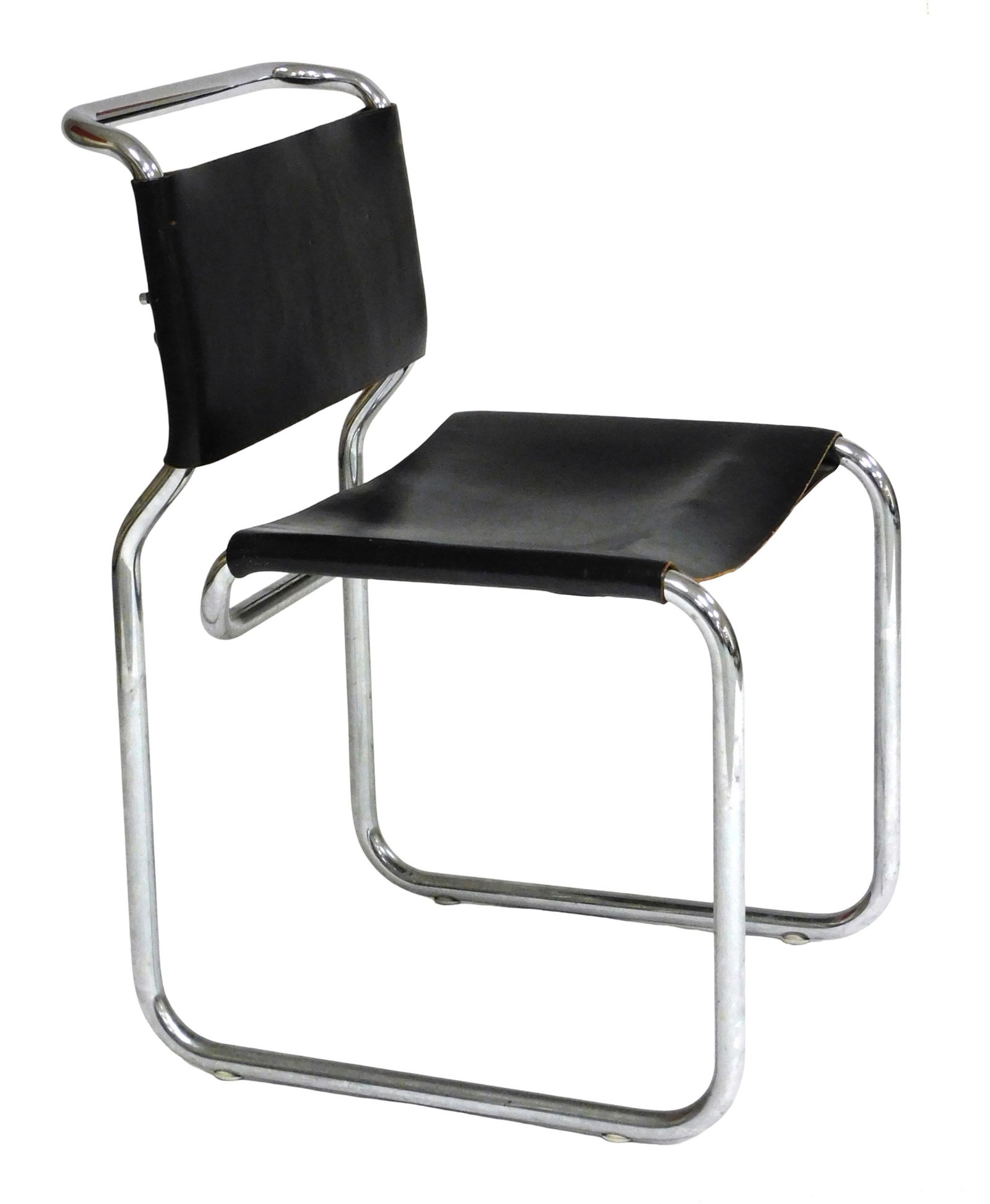 Nicos Zographos (Greek/American, 1928-2024), "CH66" design double cantilever chair, tubular steel: Nicos Zographos (Greek/American, 1928-2024), "CH66" design double cantilever chair, tubular steel frame with black leather sling seat and backrest, partial original paper label to underside of seat, w