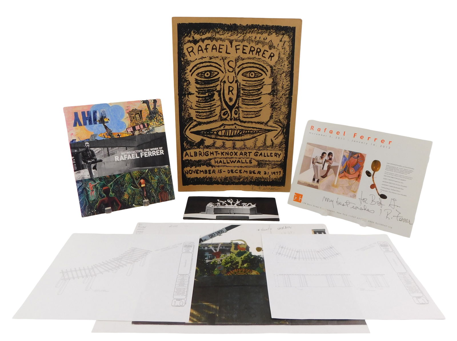 Rafael Ferrer (Puerto Rican, b. 1933), woodblock print and accompanying ephemera, including: (1 of 5)