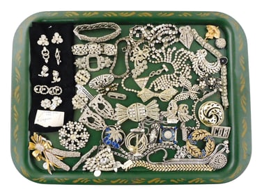 COSTUME JEWELRY: Trifari, Coro, etc., 40+ pieces, many Art Deo style with clear and blue faceted