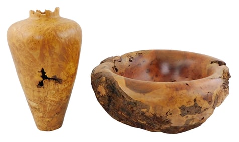 Two 20th C. signed turned burl wood vessels, including: large bowl turned from natural black cherry