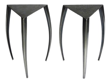 Two Contemporary all-metal accent tables, both with triangular tops and three bowed legs, tops with