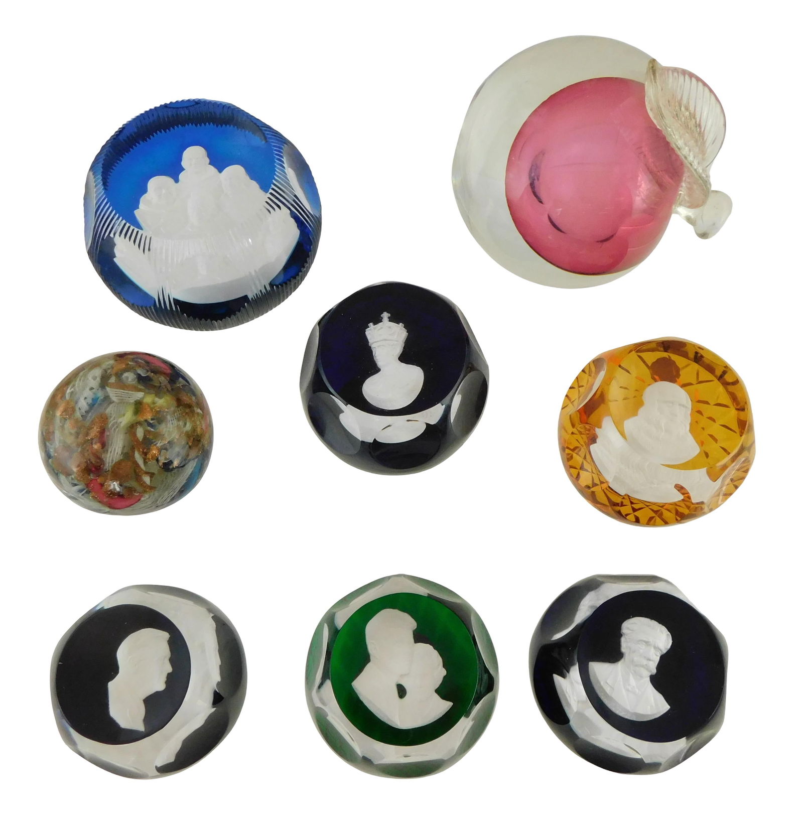 GLASS: Eight paperweights, including: six Cristal D'Albret cameo paperweights in boxes, various: GLASS: Eight paperweights, including: six Cristal D'Albret cameo paperweights in boxes, various figures and one limited edition paperweight "The Moon Astronauts" with certificate, all with stickers; t