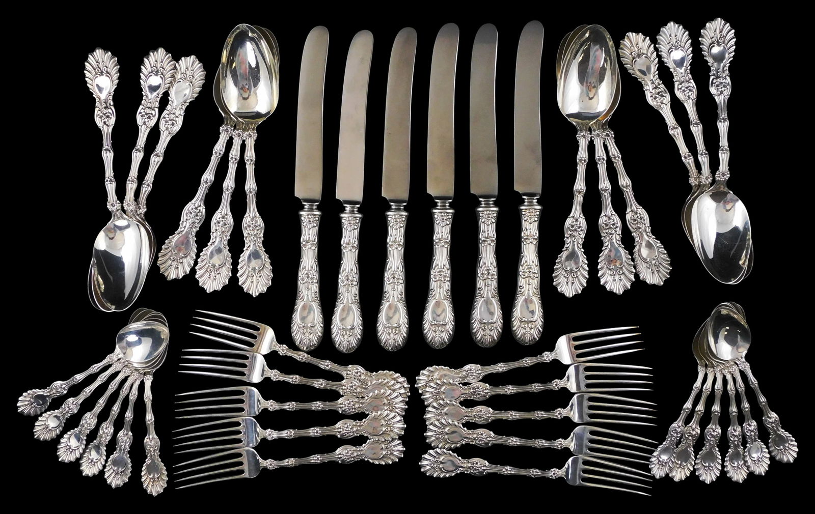 STERLING: "Radiant" sterling silver flatware by Whiting Manf. Co., forty pieces, patented 1895, (1 of 4)