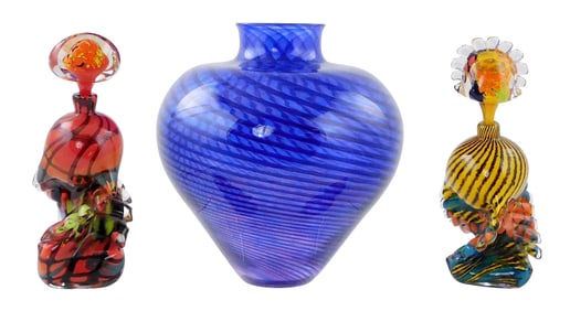 ART GLASS: Three pieces including a blue and purple swirl vase by Young & Constantine, 10 1/2" h.;