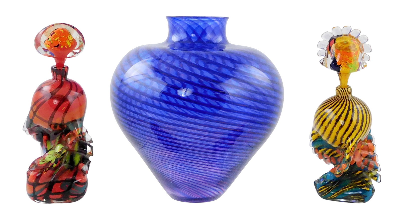 ART GLASS: Three pieces including a blue and purple swirl vase by Young & Constantine, 10 1/2" h.; (1 of 8)