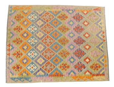 RUG: Turkish Kilim, 5' x 6' 3", wool on wool, polychrome geometric design, wear consistent with age