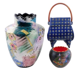 ART POTTERY: Three pieces including a large urn or vase, abstract floral design in pastel colors,