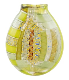 +ART GLASS: Robin Mix (American, b. 1959) "Murrini" style patchwork vase, in yellow, brown, and