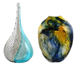 ART GLASS: Two pieces by Peter Greenwood (American, b. 1960), the first, a 'bubble vase' in gold and