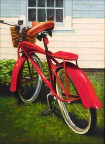 Karen Suponski (American, b. 1955), "Ready for Takeoff", pastel on paper, red bike in an outdoor