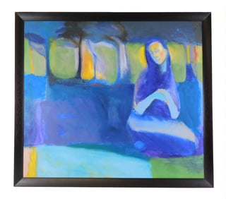 Richard Neal (American, 20th C.), "Waiting", 1973, oil and acrylic, abstract image of a figure