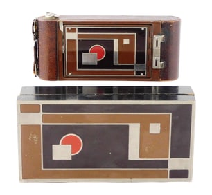 Walter Dorwin Teague for Kodak, no. 1A boxed gift camera, c. 1930s, Art Deco decoration to box lid,