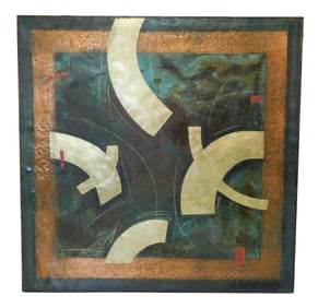 +Thomas Anderson (American, b. 1951), “Sparks??, mixed media on metal mounted on panel, geometric