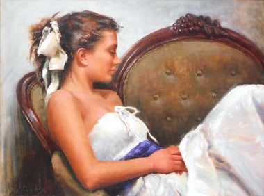 +Kyle Stuckey (American, b. 1987), "Reclining", oil on canvas, a girl in white dress resting on a