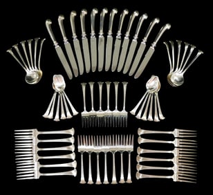STERLING: "Onslow" by Tuttle service, sixty-one pieces of sterling silver flatware in custom fitted