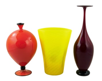 +ART GLASS: Three 20th/ 21st C. vases, including a tall deep red stick vase, signed Donald Carlson