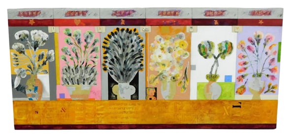 Norman Laliberte (American,1925-2021), mixed media with appliques on panel, Contemporary,