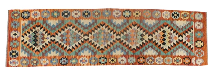 RUG: Turkish Kilim runner, 2' 8" x 9' 7", wool on wool, polychrome geometric design, wear consistent