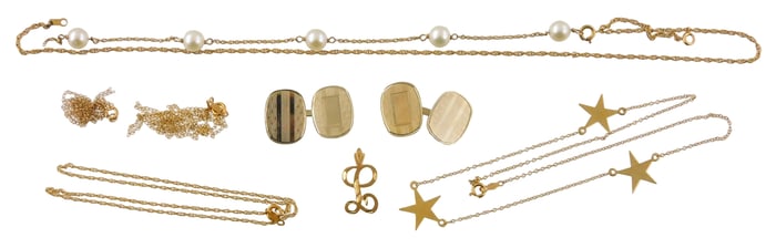 JEWELRY: Miscellaneous 14K jewelry, eight pieces, all marked 14K, many broken, one partial bracelet