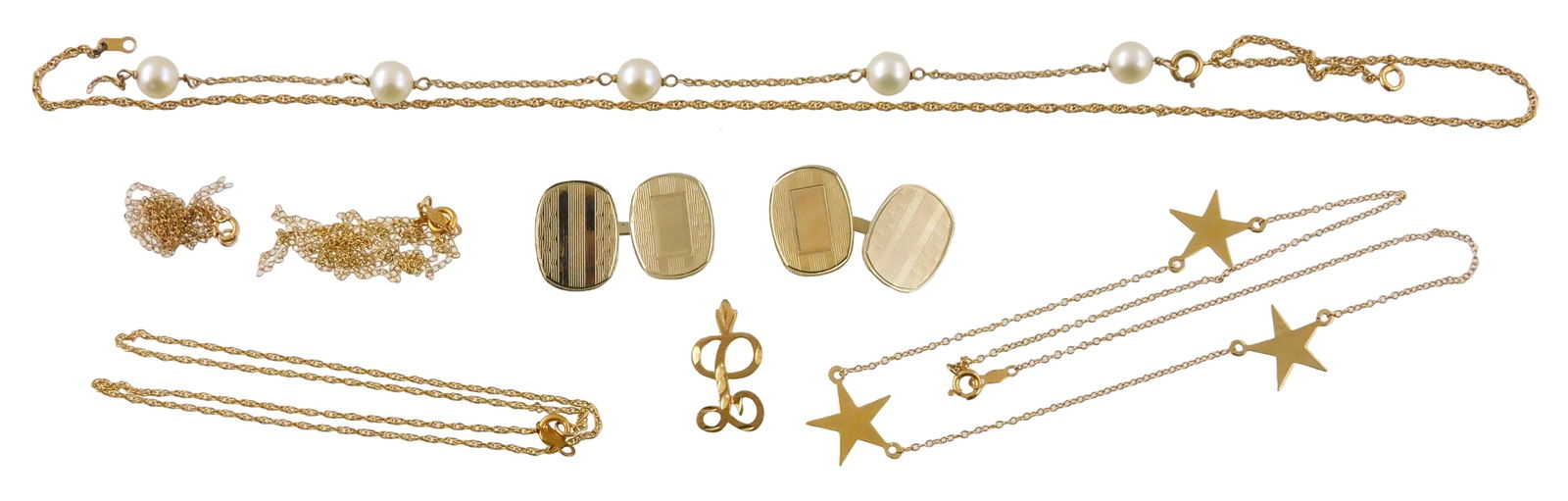 JEWELRY: Miscellaneous 14K jewelry, eight pieces, all marked 14K, many broken, one partial bracelet: JEWELRY: Miscellaneous 14K jewelry, eight pieces, all marked 14K, many broken, one partial bracelet with attached pearls, all sold as is. [Total Weight (without pearl bracelet): 12 grams]