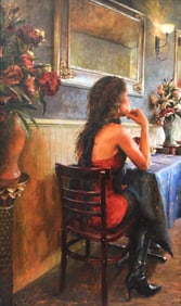 +Kyle Stuckey (American, b. 1987), "Ten after Six", oil on canvas, young woman in red dress seated