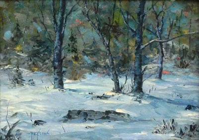 Oil on rigid support signed "Racksowa" or similar, Impressionistic style winter landscape of forest
