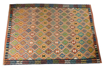 RUG: Turkish Kilim, 8' x 11' 5", wool on wool, polychrome geometric design, wear consistent with age