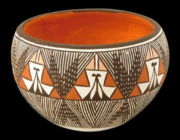 TRIBAL: Rebecca Lucario (Native American, b. 1951), Acoma Pueblo, small hand-painted ceramic bowl,