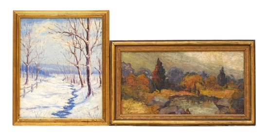 Two signed oil landscapes in the Impressionistic style, both framed, including: O. J. Hatfield (20th
