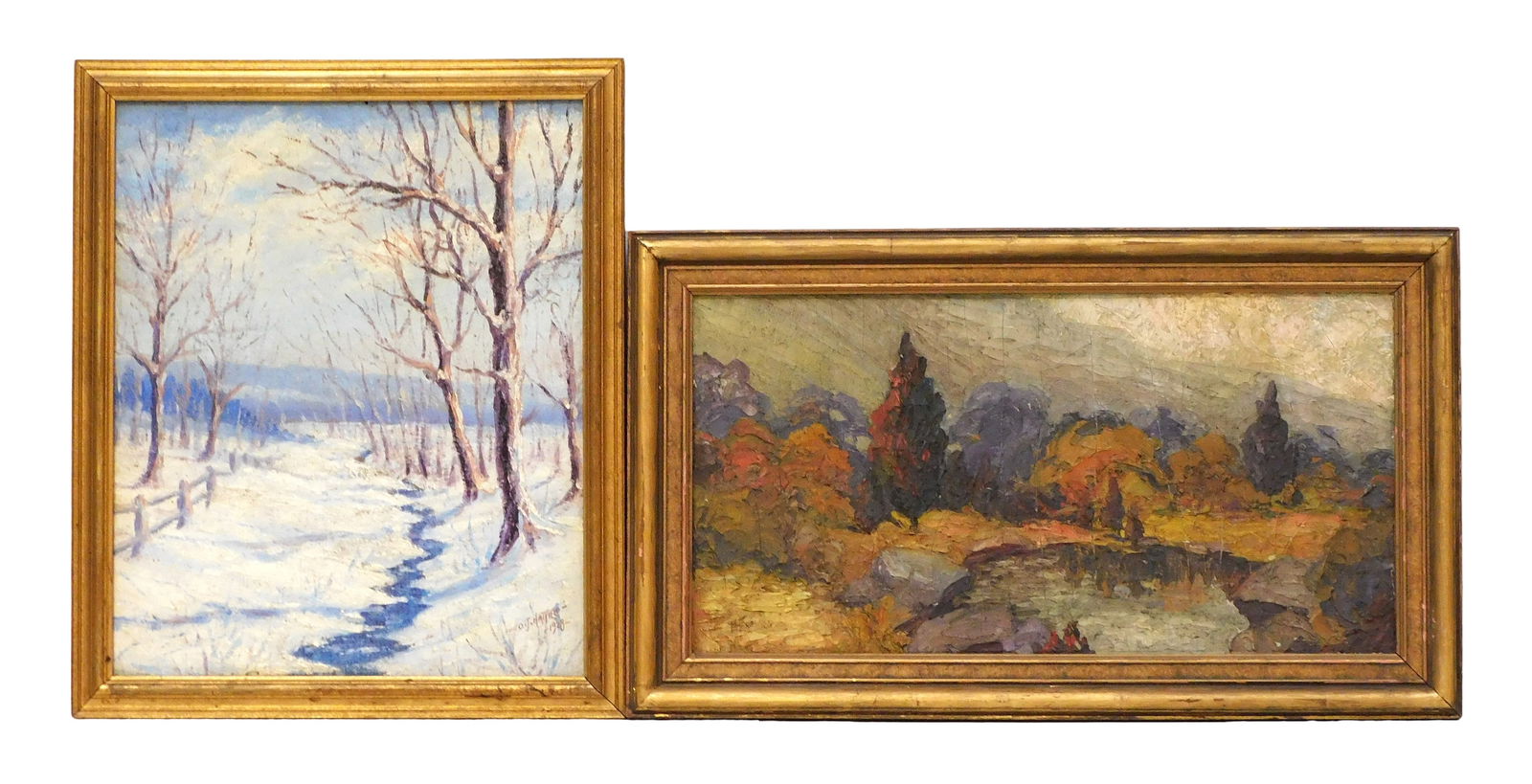 Two signed oil landscapes in the Impressionistic style, both framed, including: O. J. Hatfield (20th (1 of 5)