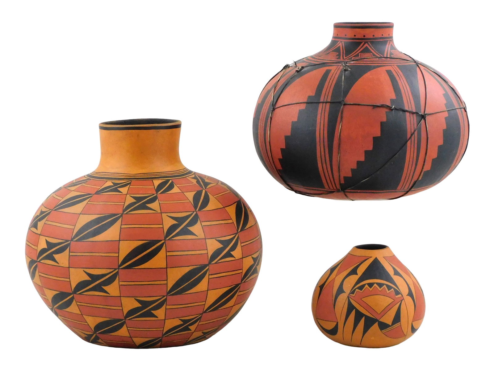 TRIBAL: Robert Rivera (American, 20th C.), three painted gourds in the Acoma style, all signed and (1 of 6)